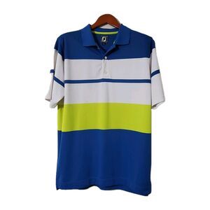 FootJoy Mens Sz Large Block Smooth Pique Polo Blue White Citron